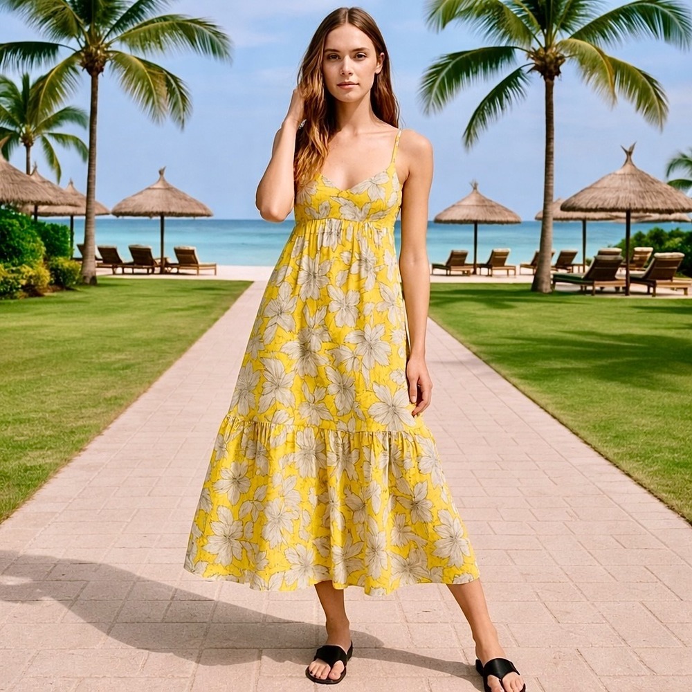Zara Yellow Floral Maxi Dress Womens M Strappy Boho Cottagecore Sundress Summer